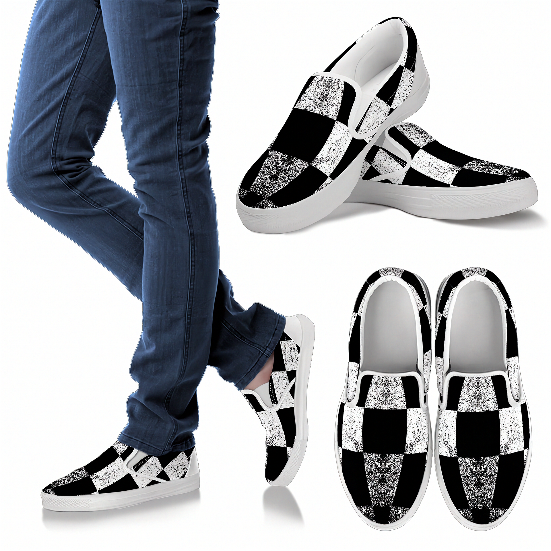 Black and white checkered slip-on shoes with glittery accents worn with blue jeans on a white background.