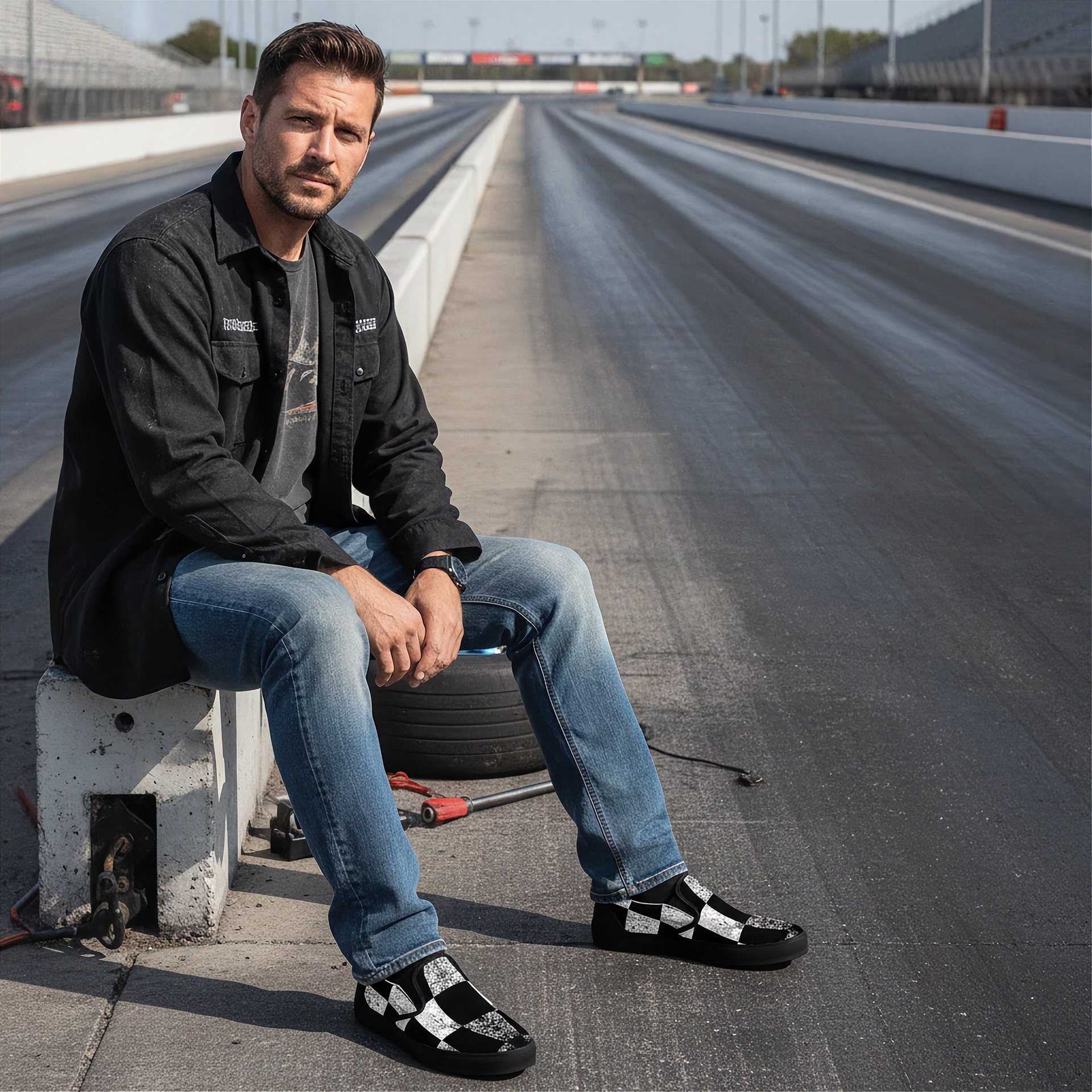 Man sitting on a concrete block with a tire on a racetrack wearing slip on shoes