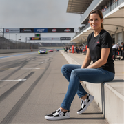 Woman sitting on a race track with cars and a grandstand in the background wearing checkered slip on shoes