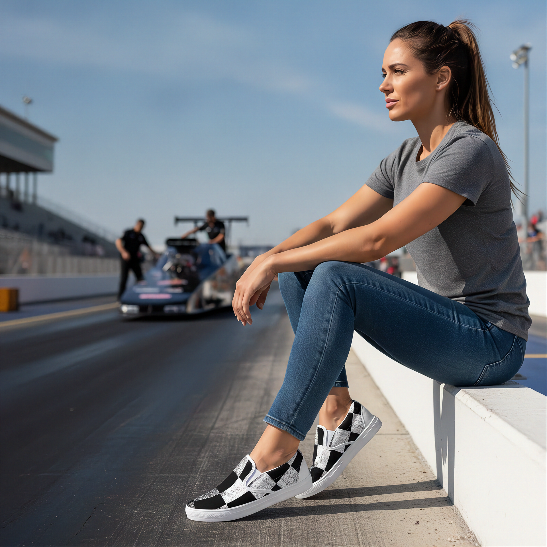 Woman sitting on a track wearing black and white checkered slip on shoes with a race car in the background.
