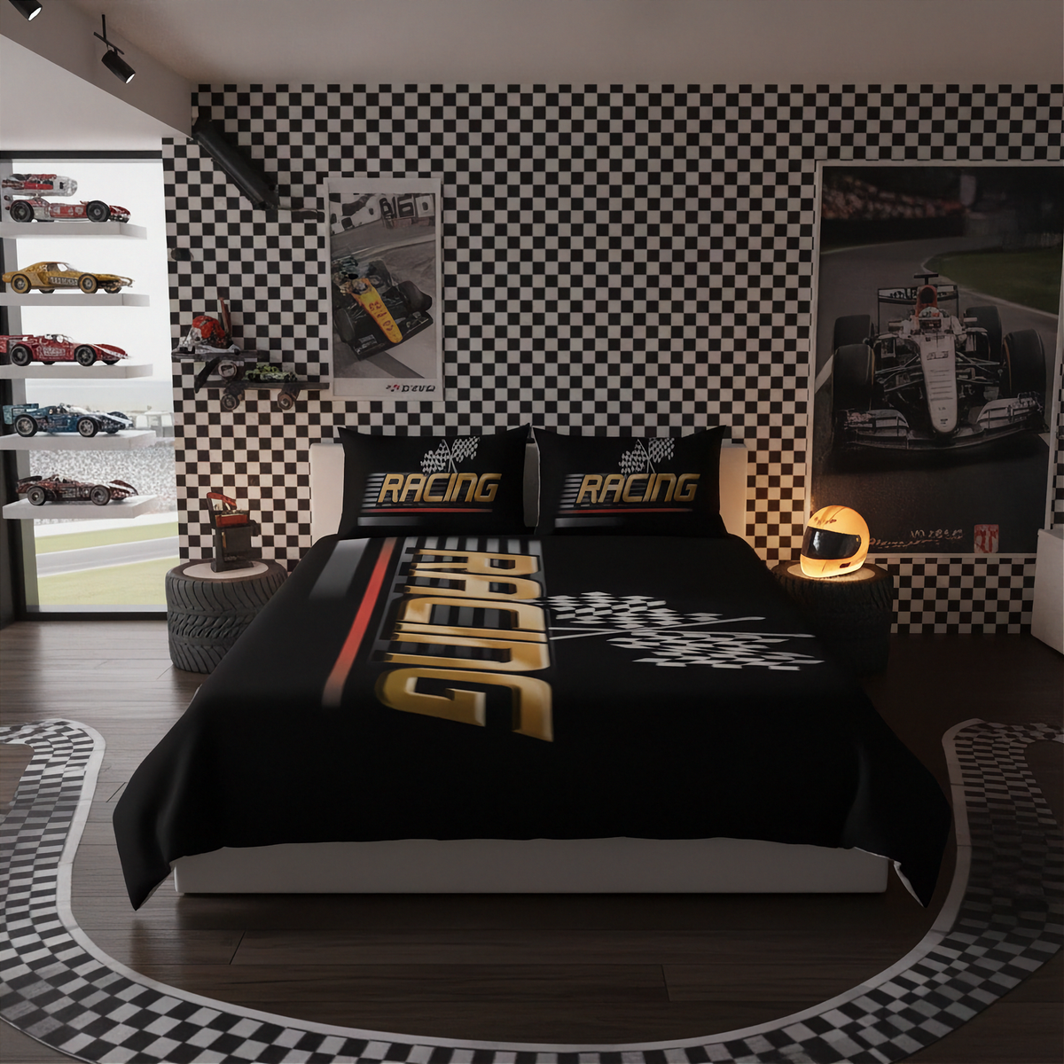 A racing-themed bedding set on a bed in a styled bedroom. The set includes a black comforter and two matching pillowcases with gold, white, and red track-inspired graphics and the word 'RACING'.