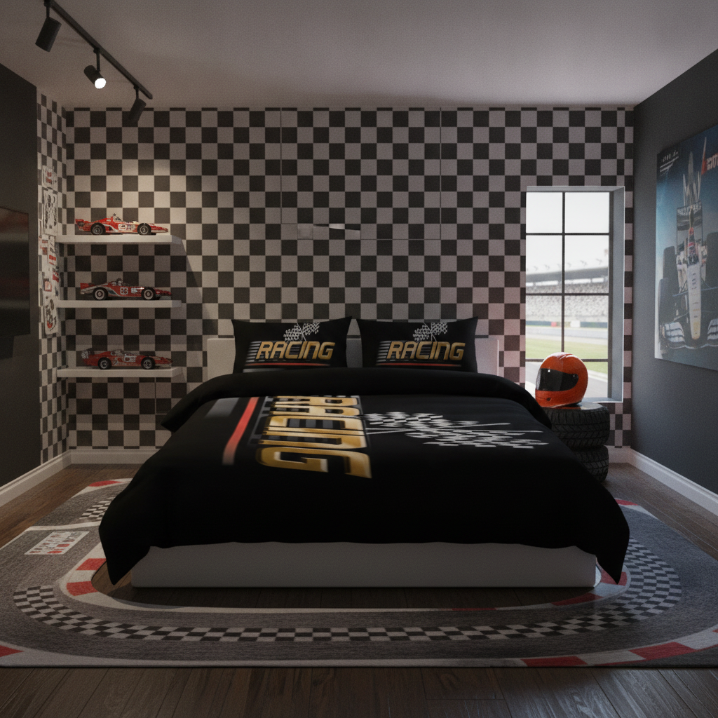 A racing-themed bedroom setup featuring a black bedding set with 'RACING' and 'MOTOR' graphics on the comforter and matching pillows, set against a black-and-white checkered wall. A red helmet sits on a small shelf next to a window, and toy race cars are displayed on wall shelves.