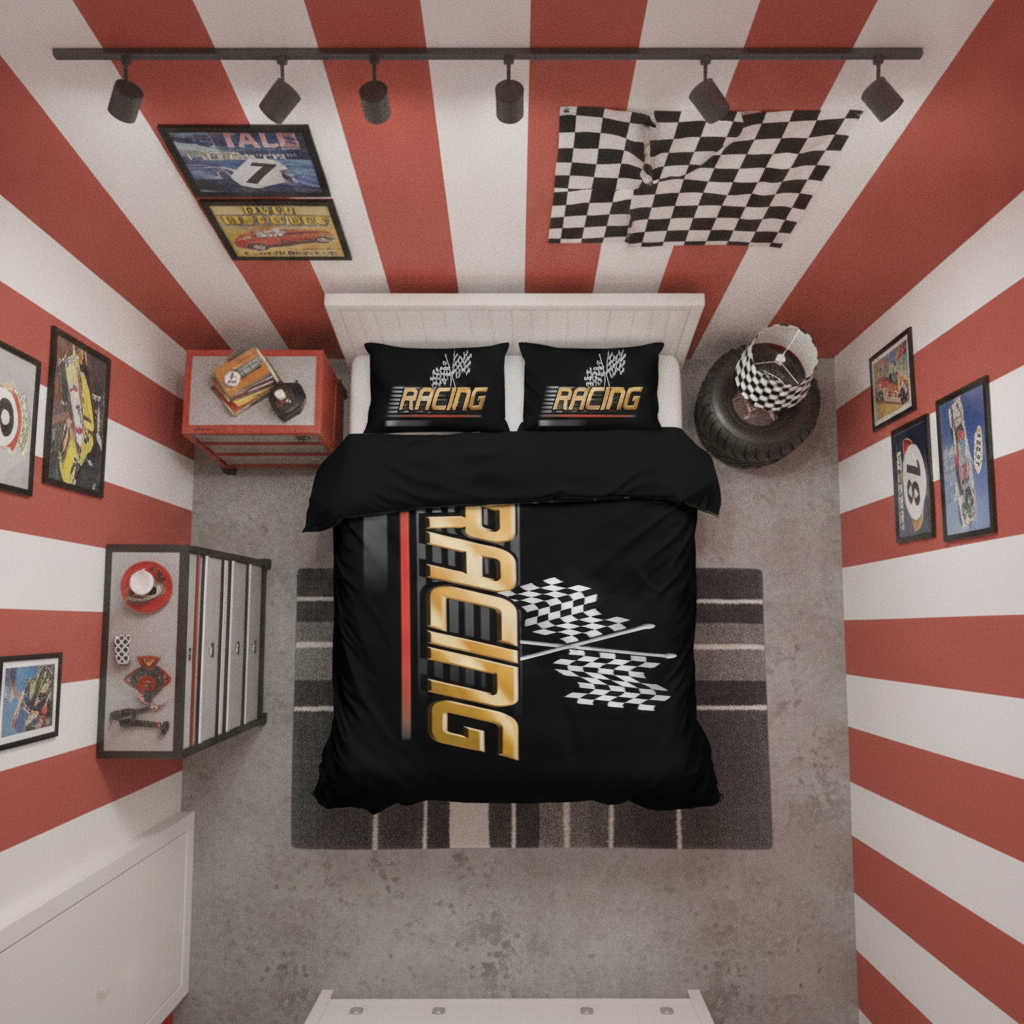 A racing-themed bedding set displayed on a bed in a styled bedroom. The set includes a black duvet cover and two matching pillowcases with a bold gold and white 'RACING' graphic and checkered flag motif.