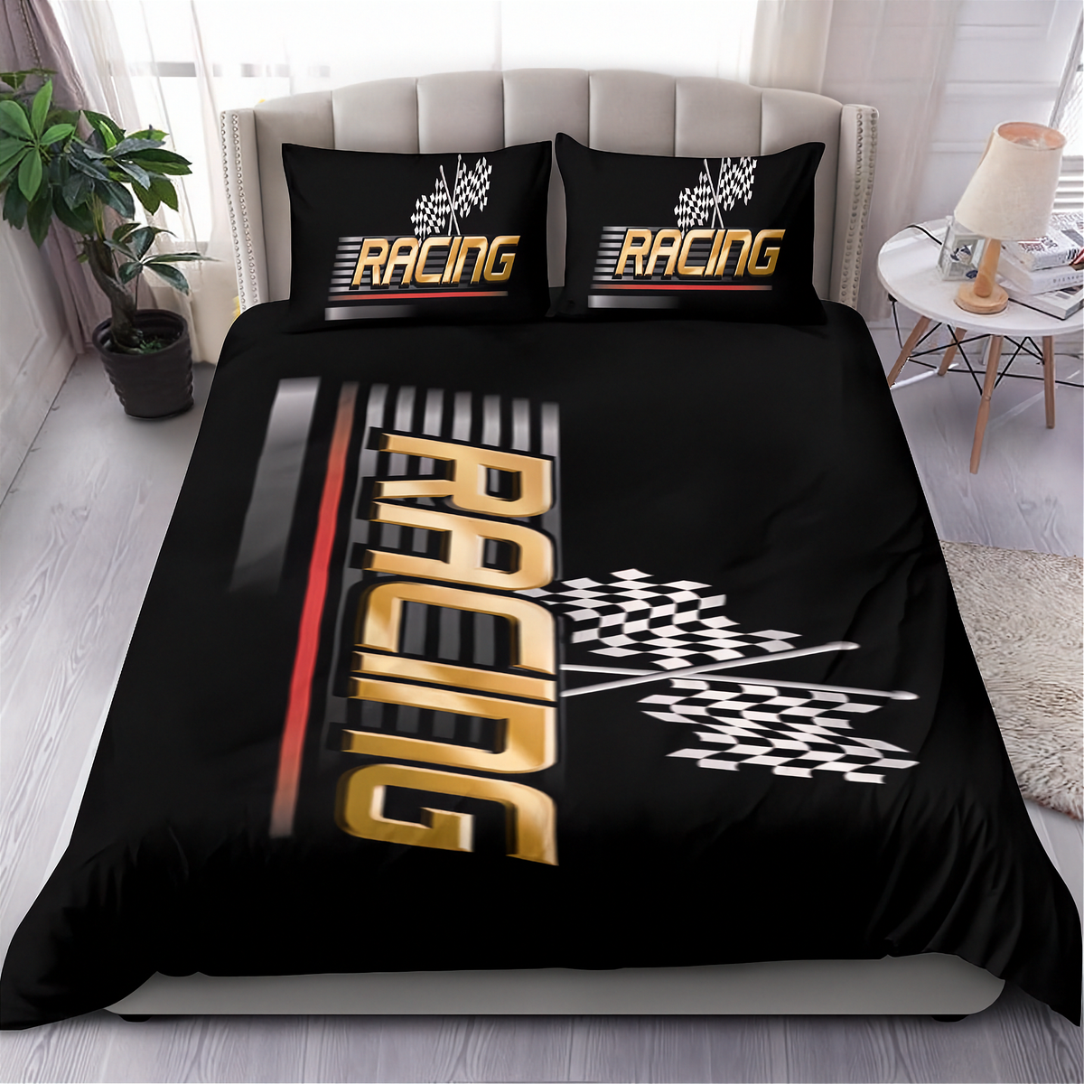A black racing-themed bedding set on a bed in a styled bedroom, featuring a duvet cover and two pillowcases with gold 'RACING' text, checkered flags, and red and white graphic accents.