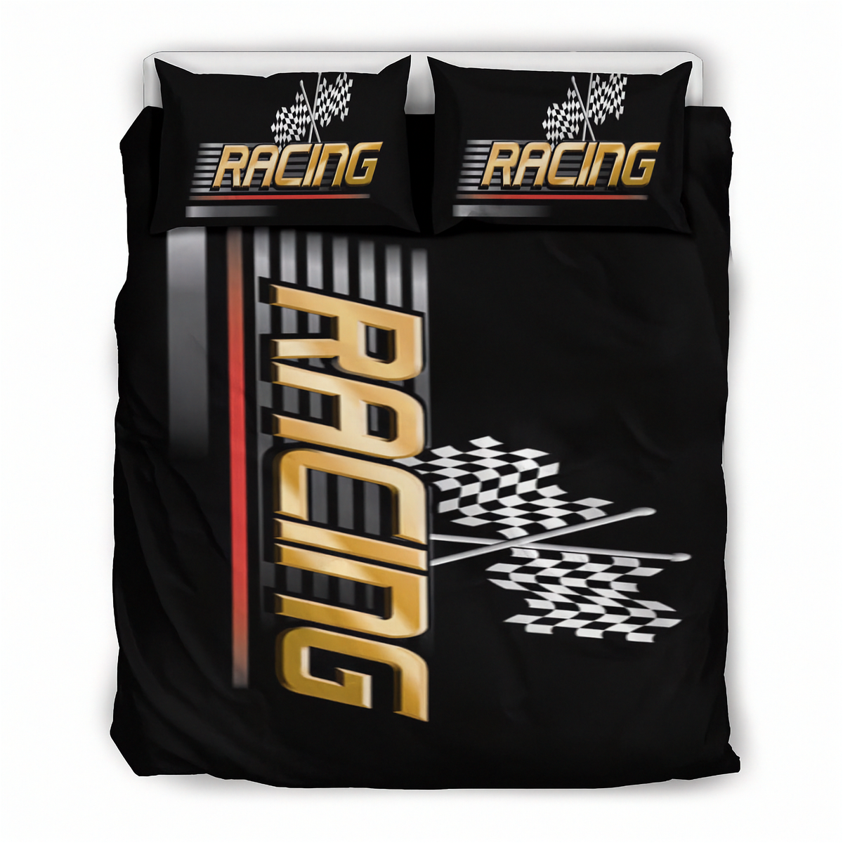 A black racing-themed bedding set including a duvet cover and two matching pillowcases, featuring a large gold 'RACING' text design, checkered flags, and a red and black striped graphic on a white background.