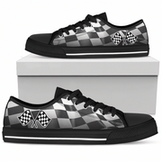 Black and white checkered sneakers with racing flags on a white background