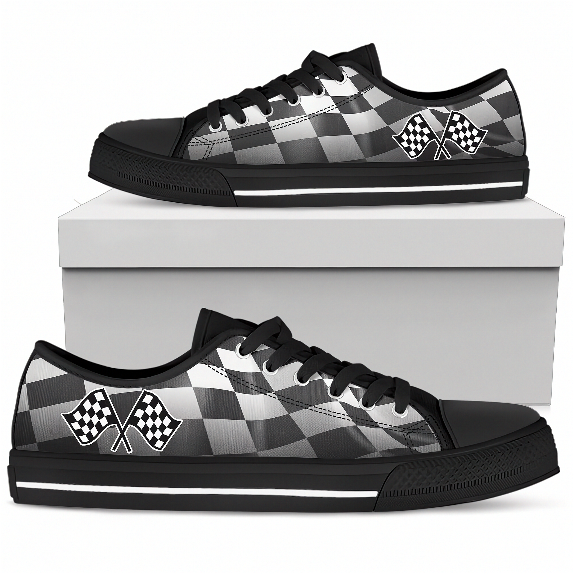 Black and white checkered sneakers with racing flags on a white background