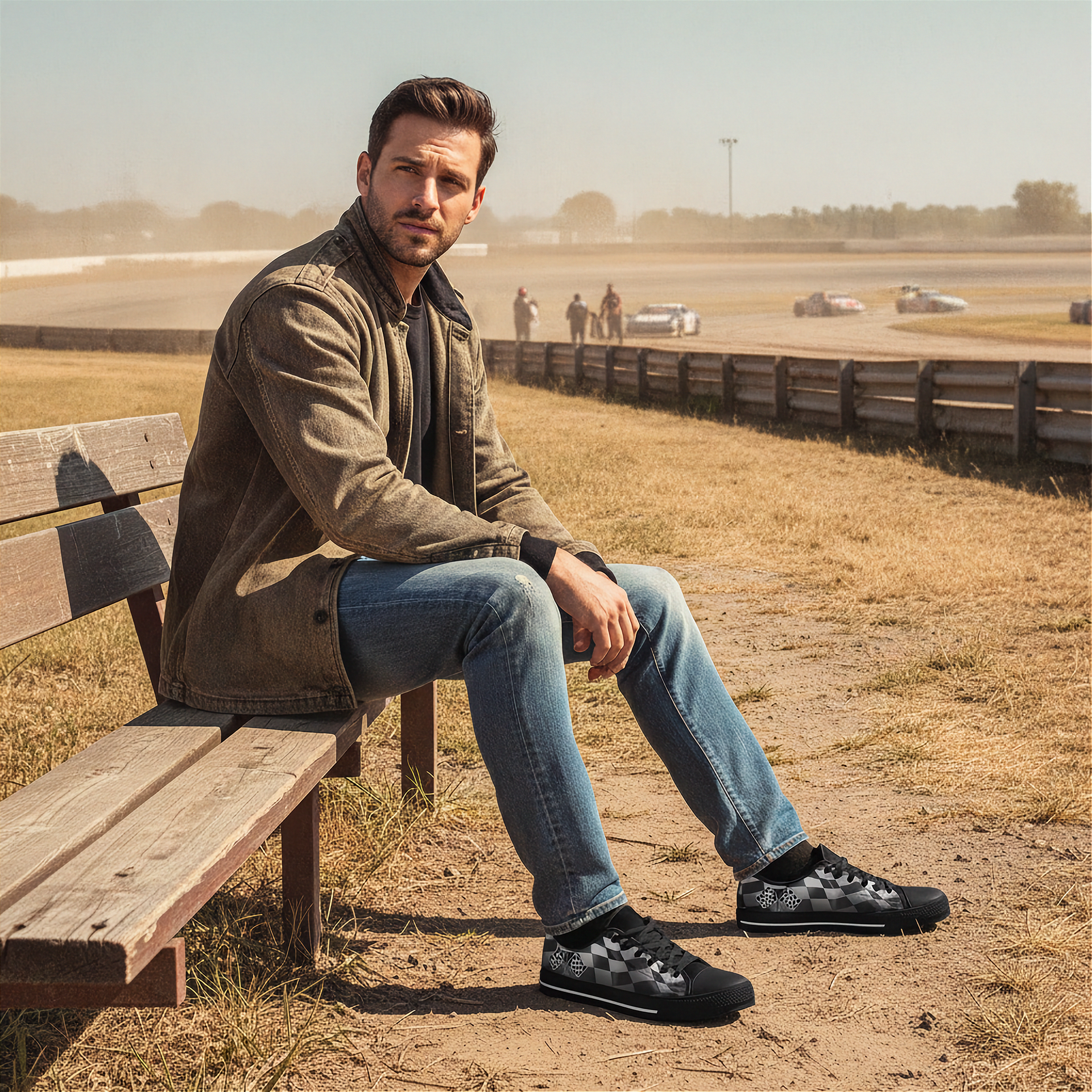 Man wearing checkered shoes sitting on a wooden bench at a race track with cars in the background