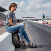 Woman wearing checkered shoes sitting on a tire on a race track with a cloudy sky.