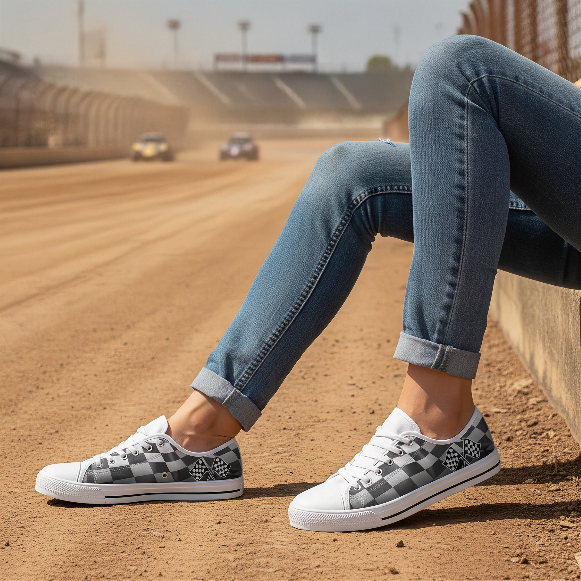 Person wearing white sneakers with a checkered pattern on a dirt track.
