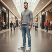 Man standing in a shopping mall wearing a gray sweater, blue jeans, and checkered shoes.