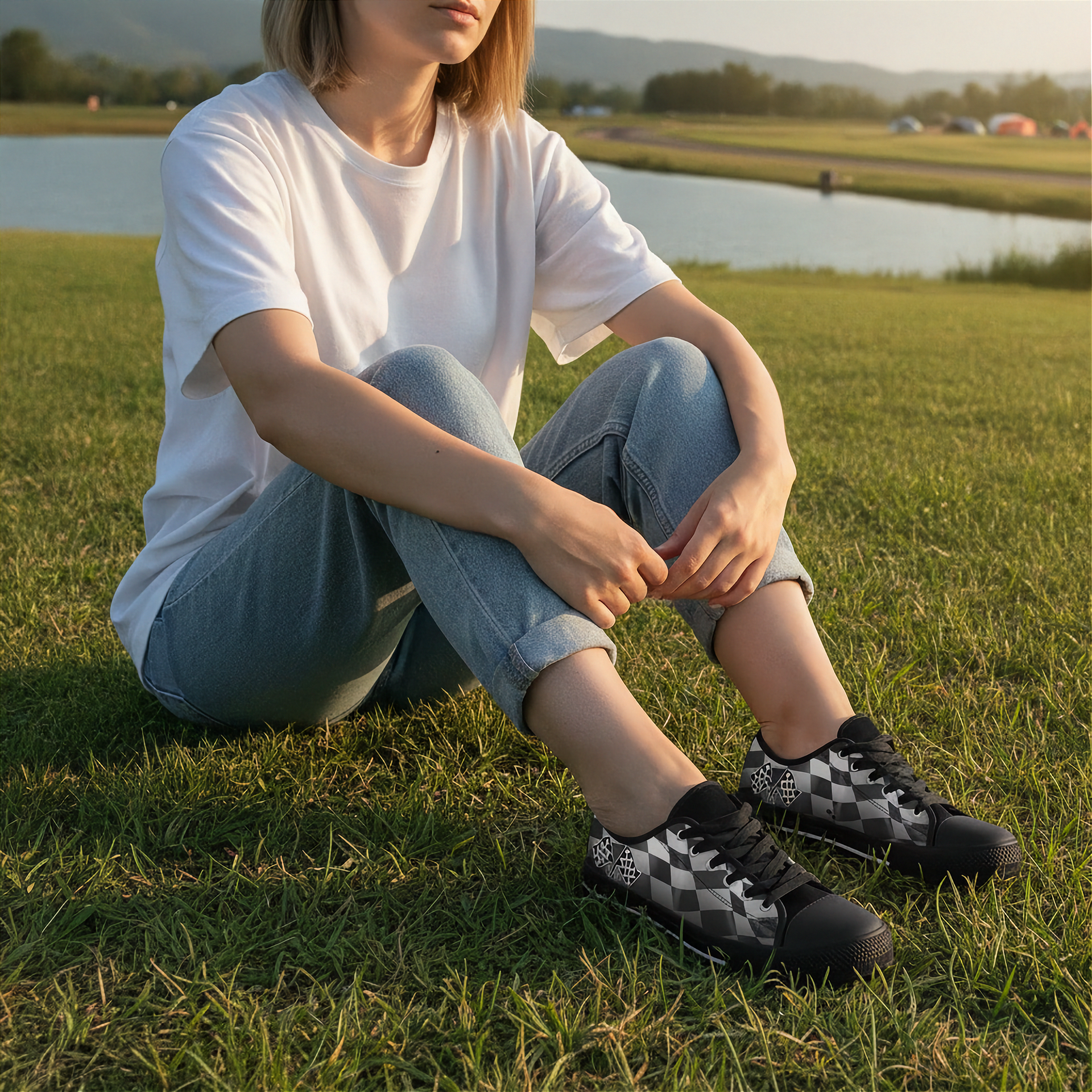 Person sitting on grass wearing checkered shoes with a scenic background