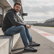 Man sitting on a concrete barrier at a race track wearing checkered shoes.