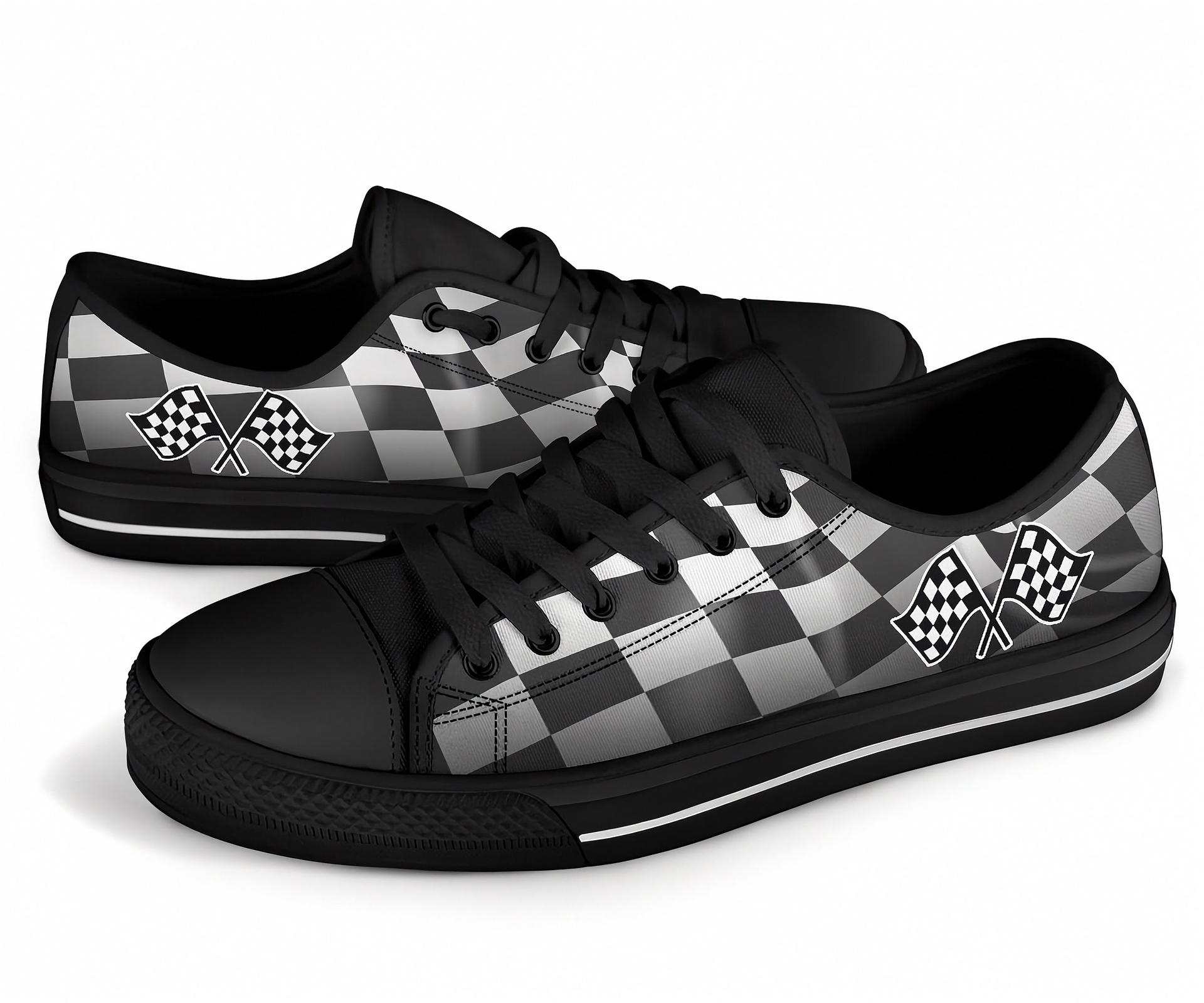 Black and white checkered sneakers with racing flag design on a white background