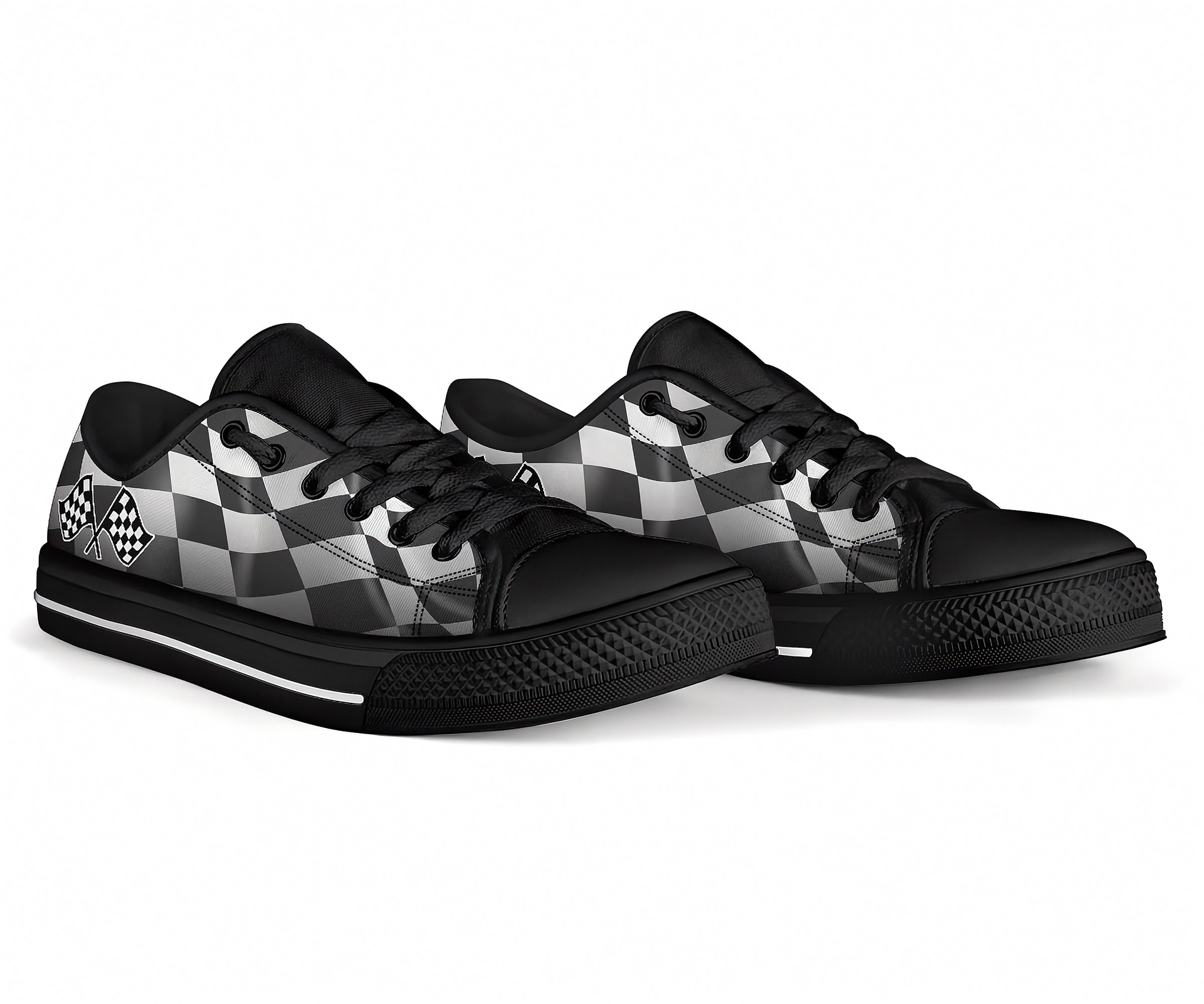 Black and white checkered shoes on a white background