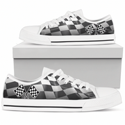 White sneakers with black and gray checkered pattern and racing flags on a white background