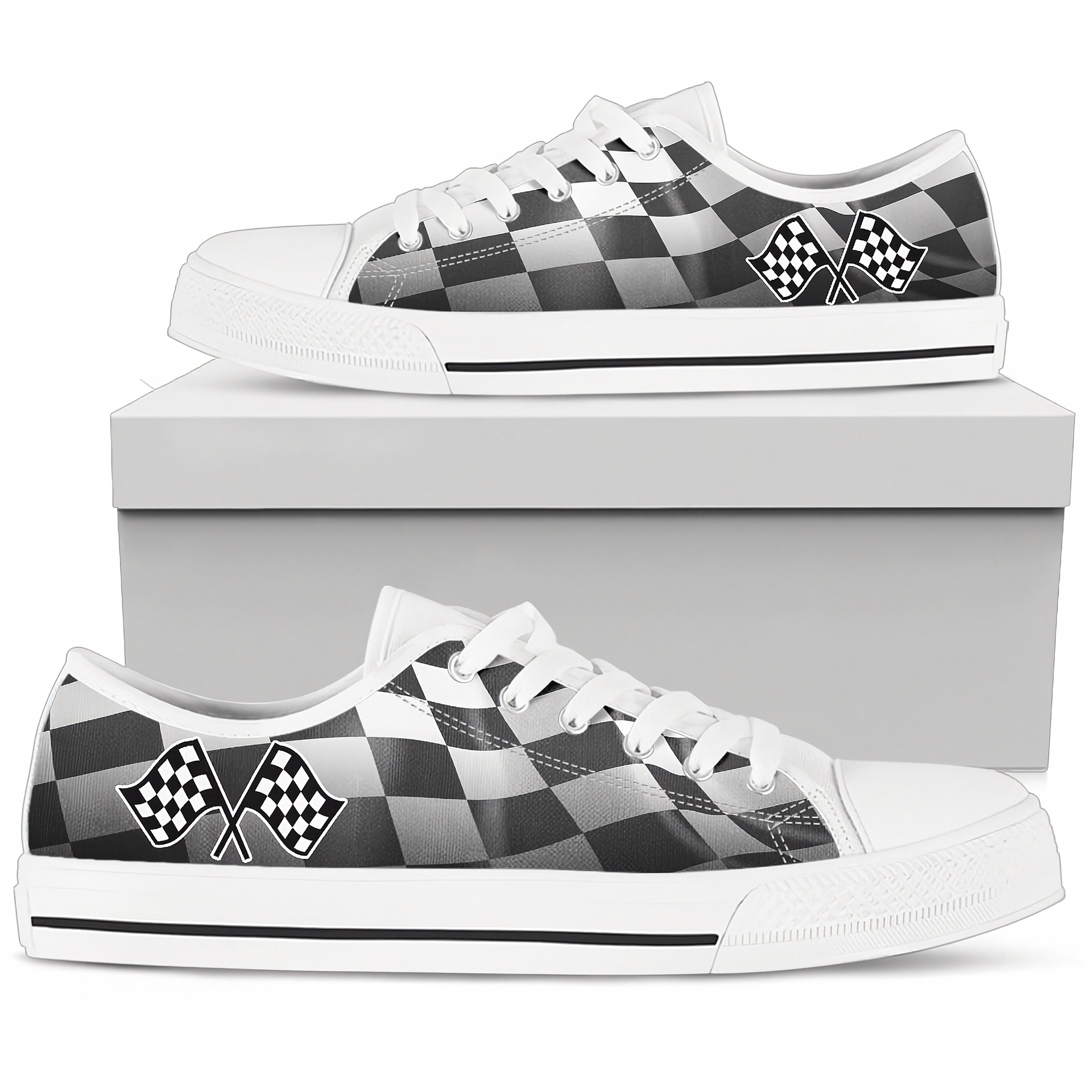 White sneakers with black and gray checkered pattern and racing flags on a white background