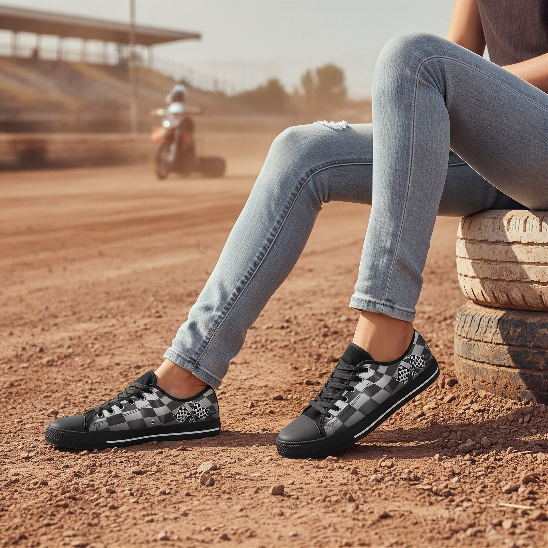 Person wearing checkered shoes on a dirt track with a motorcycle in the background