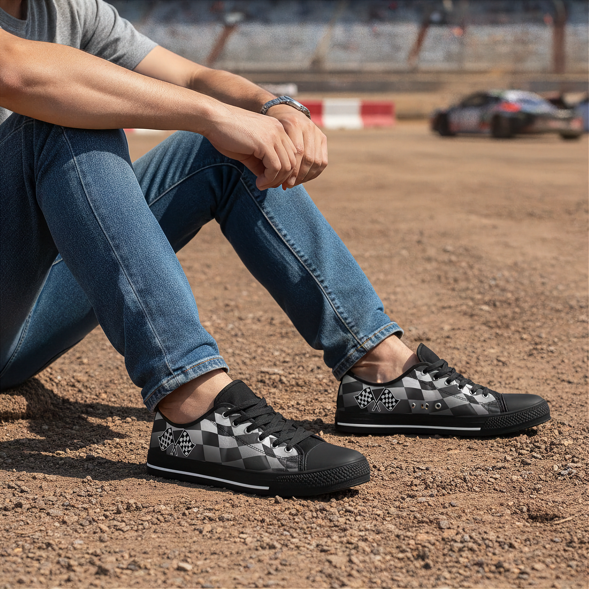 Person wearing black and gray checkered sneakers on a dirt track.