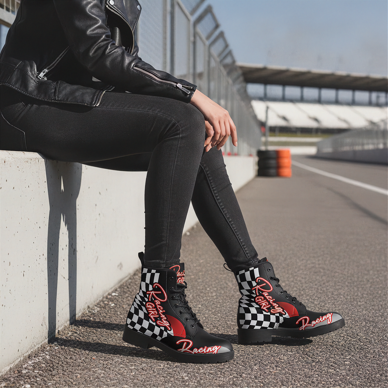 Person wearing black high-top boots with checkered pattern and 'Racing girl' text, sitting on a track.