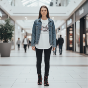Woman standing in a mall wearing a denim jacket, white t-shirt, and black pants and checkered boots.