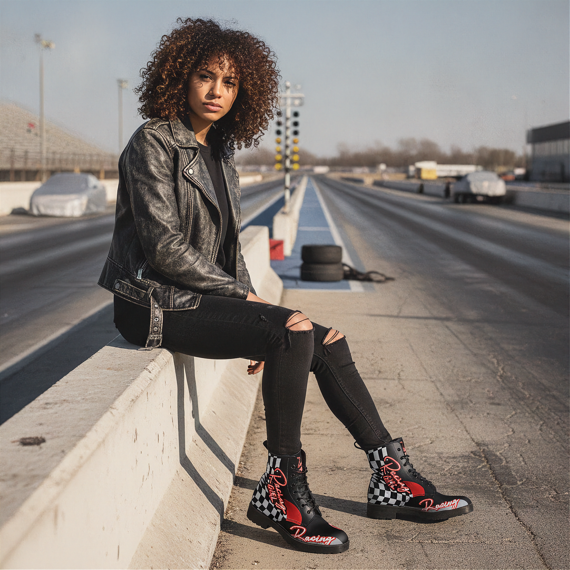 Person sitting on a race track wearing a leather jacket and checkered boots.