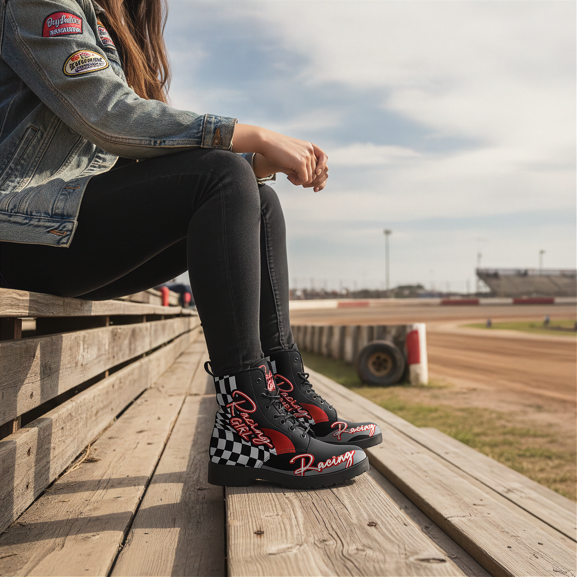 Person sitting on a wooden bench at a race track wearing checkered racing boots.