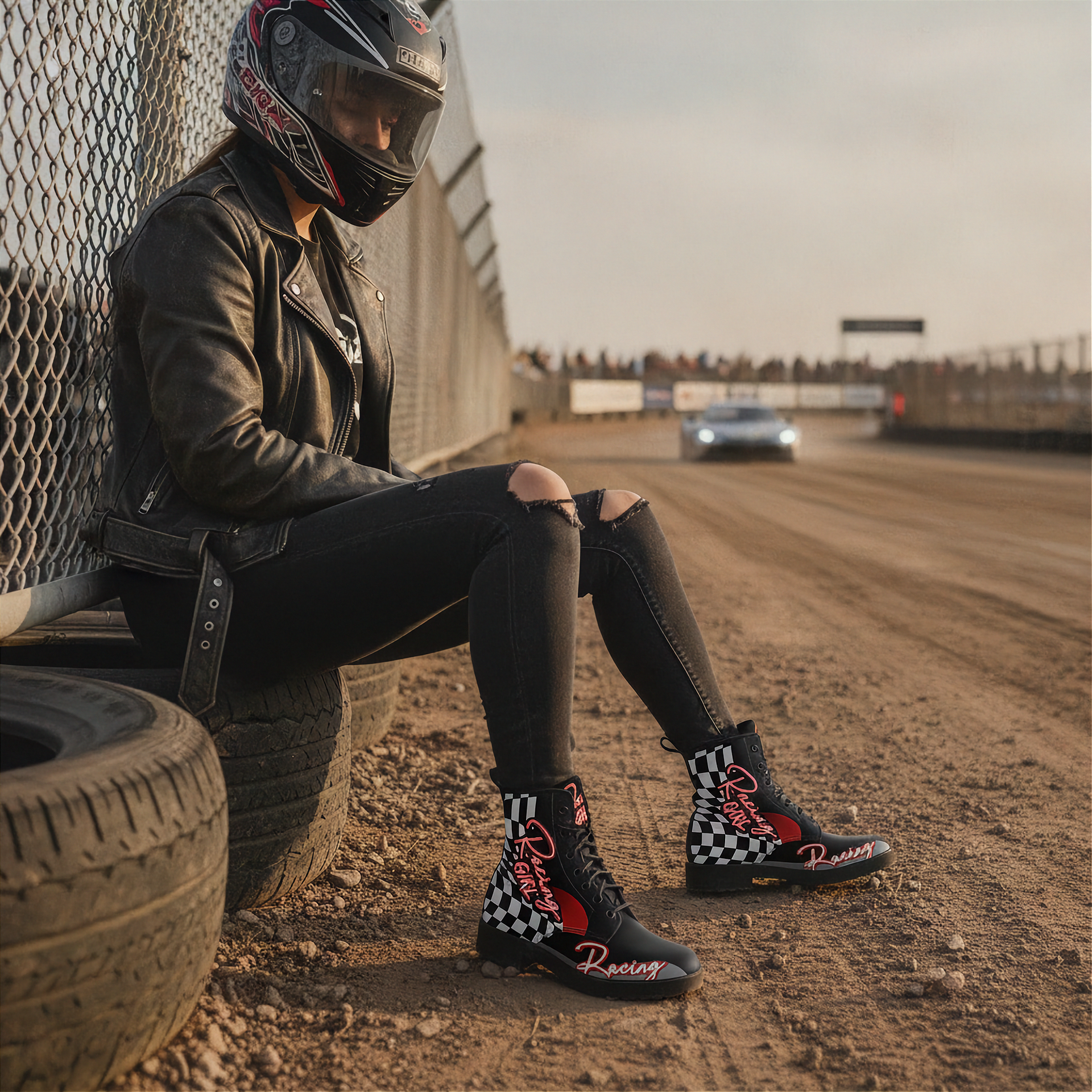 Woman sitting on a tire with racing gear and checkered boots at a race track.