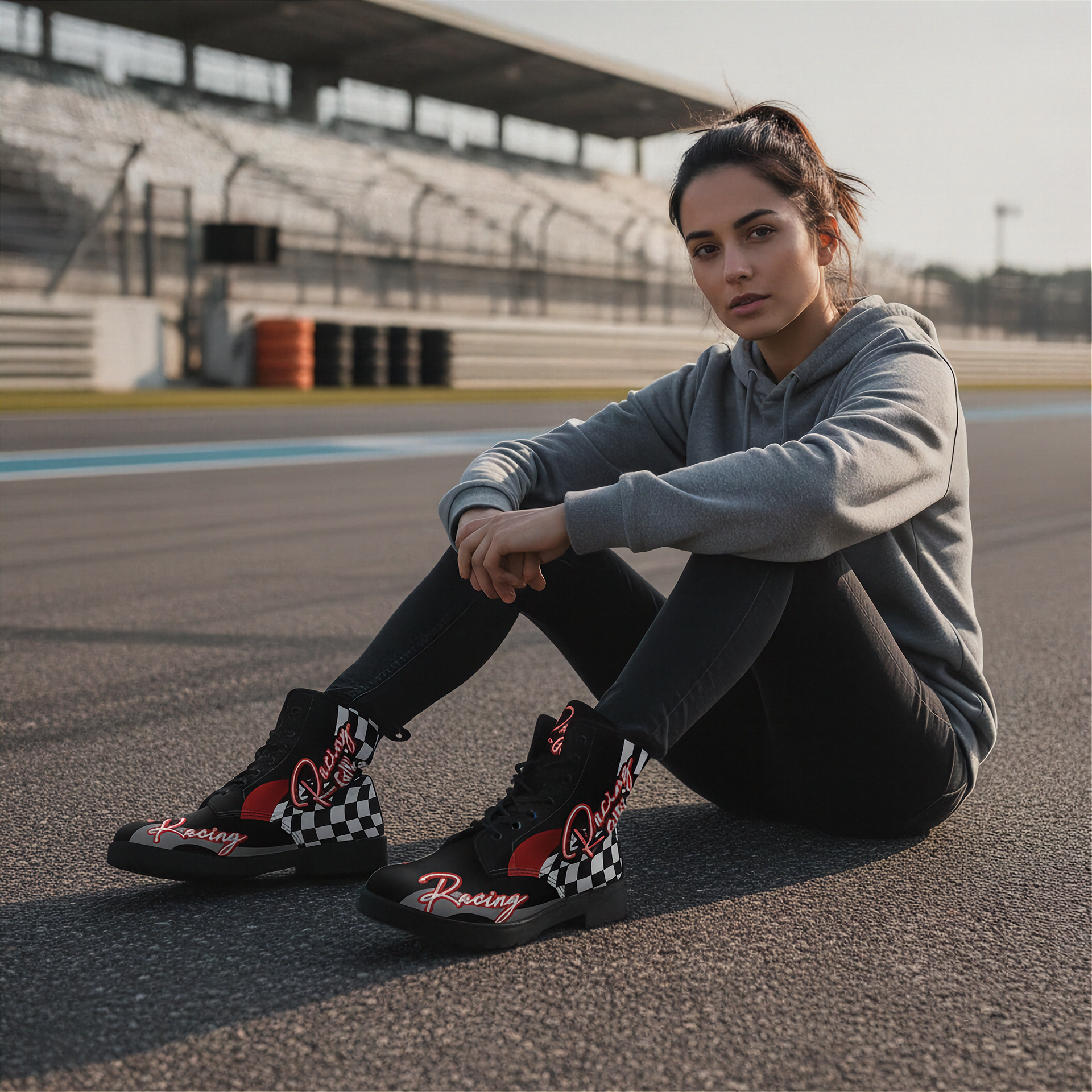 Woman sitting on a race track wearing black boots with red and white designs.