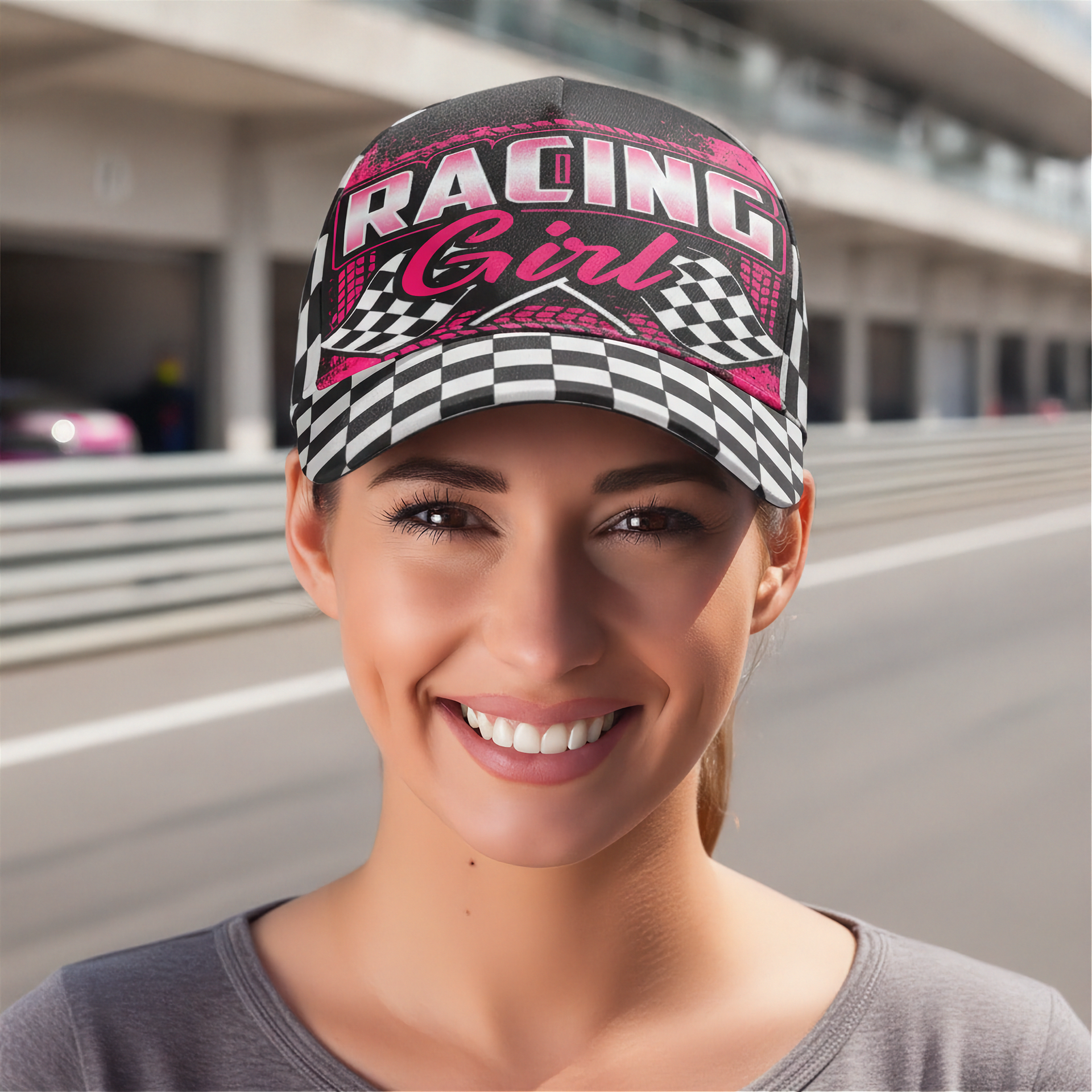 Woman wearing a 'Racing Girl' cap with a checkered pattern on a race track background
