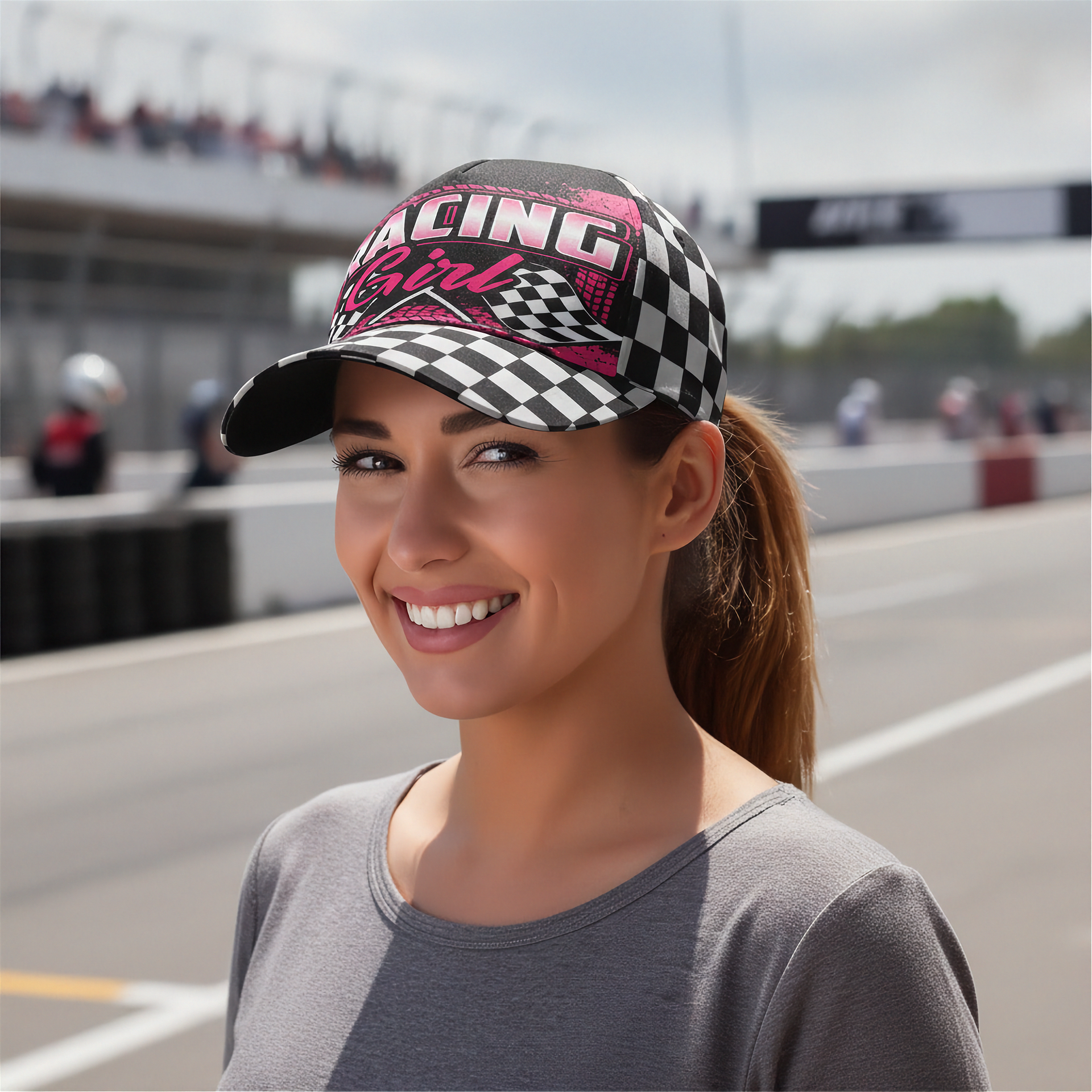 Woman wearing a checkered racing cap on a race track