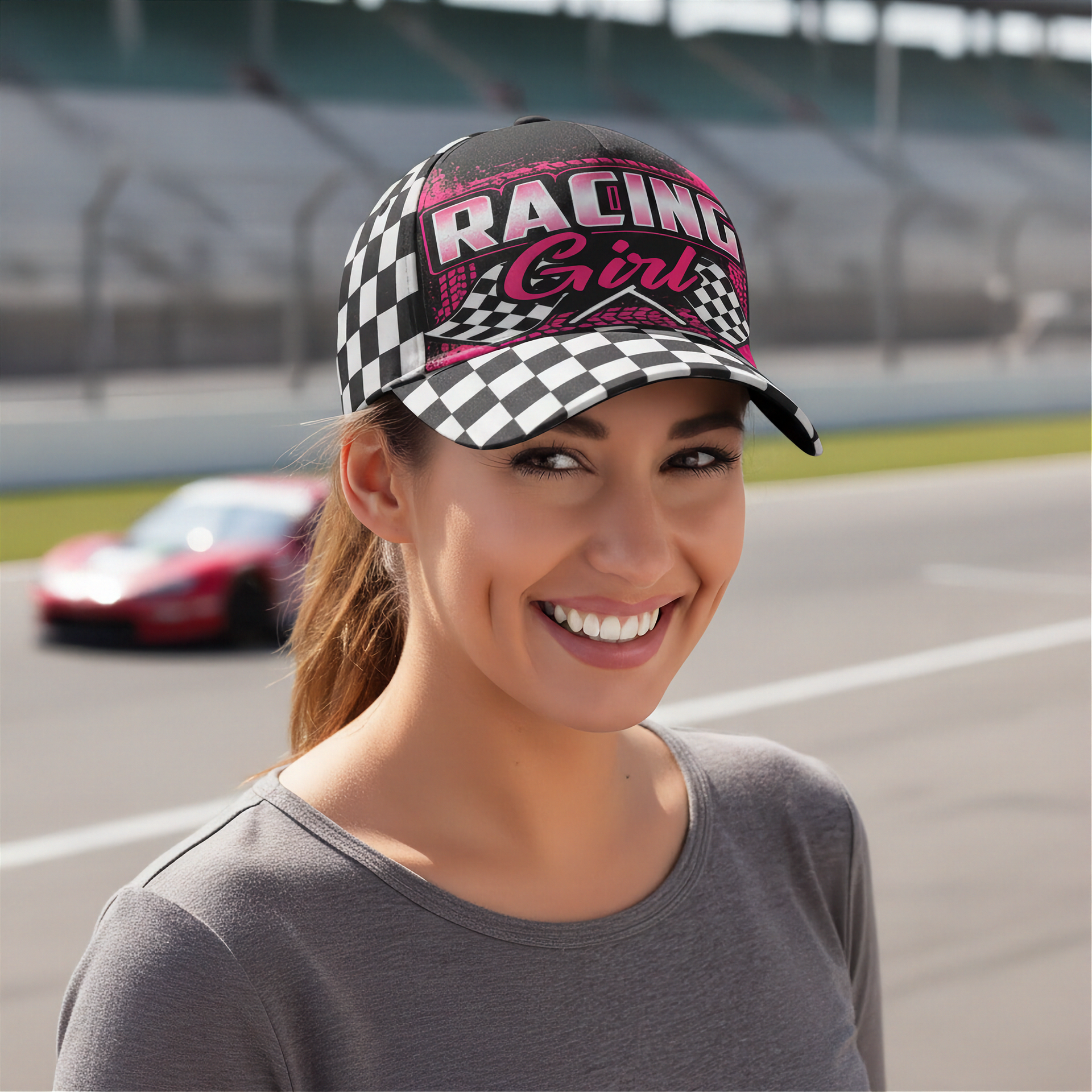 Woman wearing a 'Racing Girl' cap on a race track