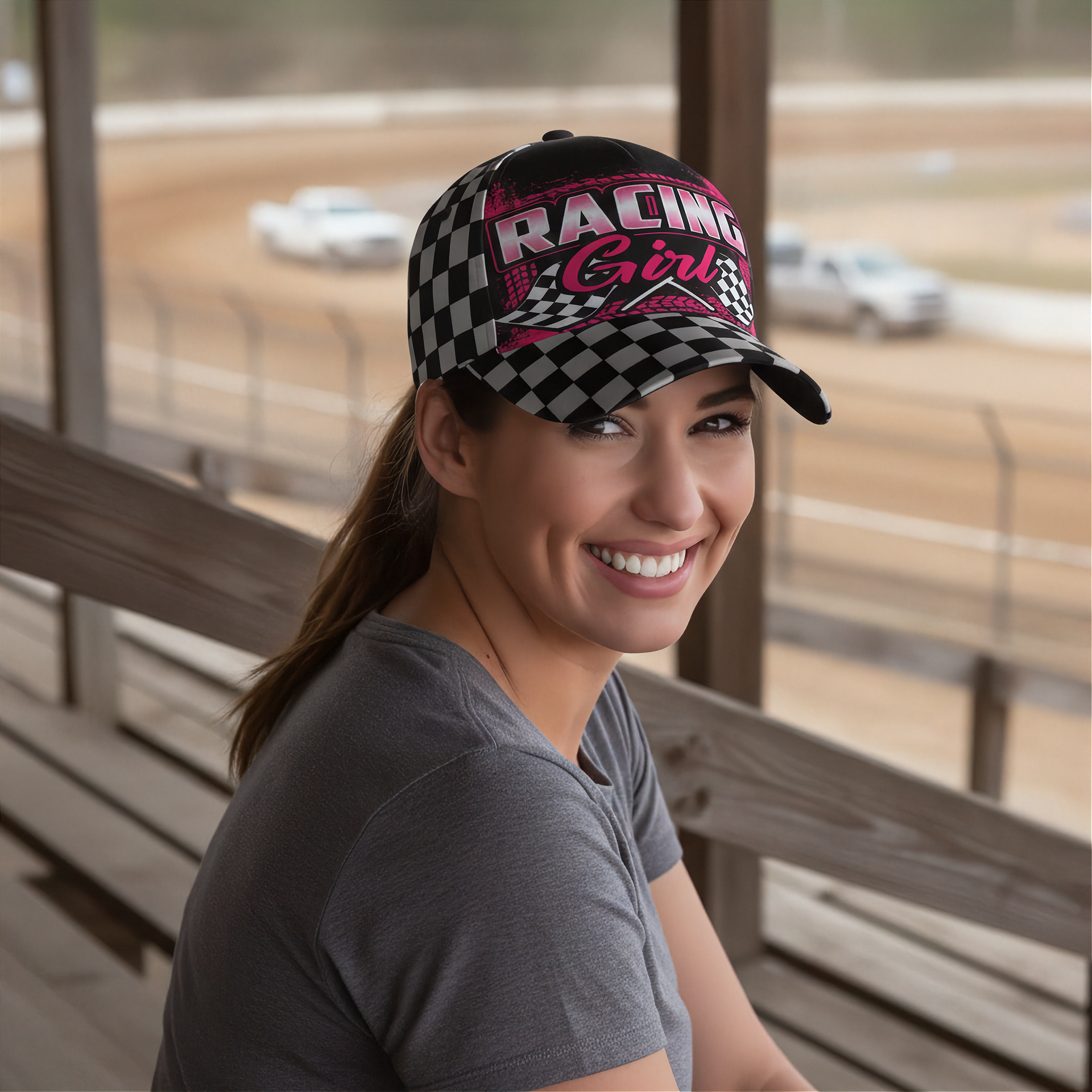 Woman wearing a 'Racing Girl' cap at a racetrack