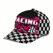 Black and white checkered cap with pink 'Racing Girl' text on a white background