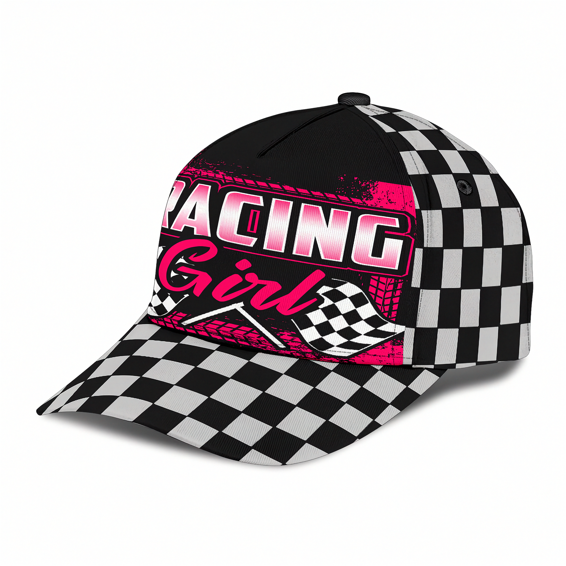 Black and white checkered cap with pink 'Racing Girl' text on a white background