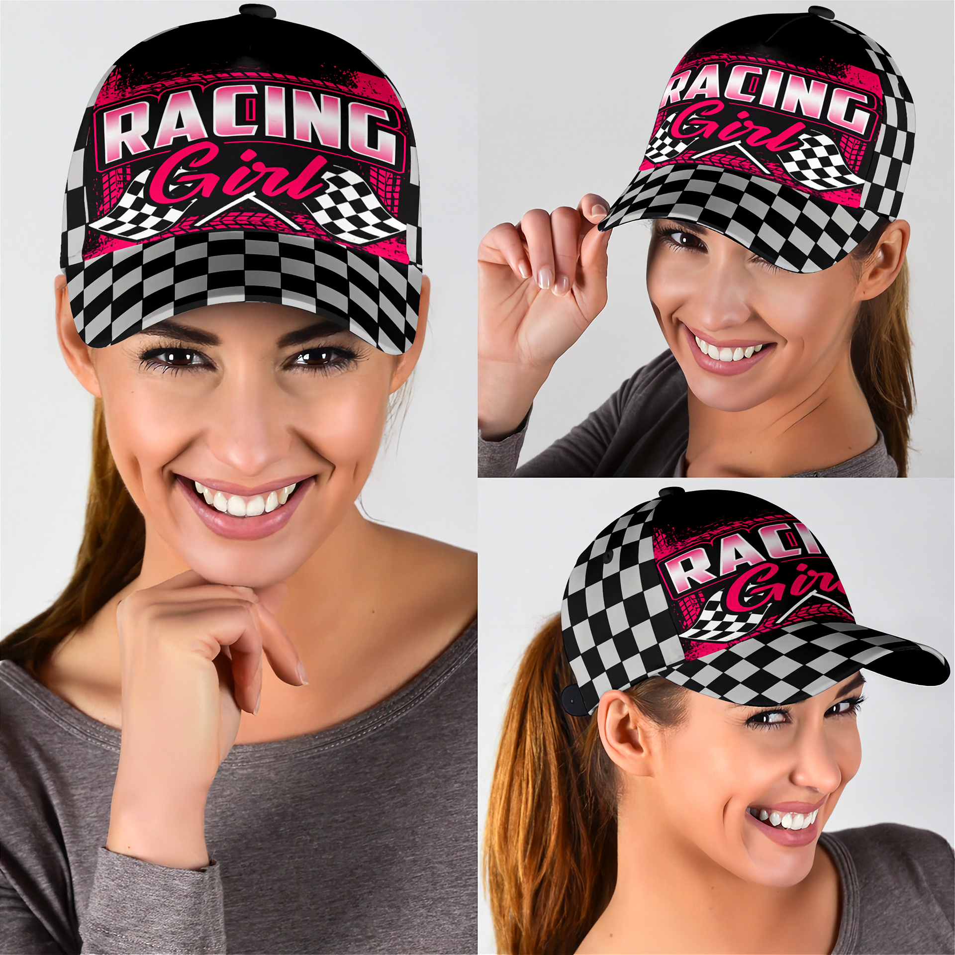 Woman wearing a 'Racing Girl' cap with checkered design, shown from different angles.