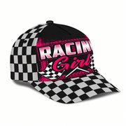 Checkered baseball cap with 'Racing Girl' text on a white background