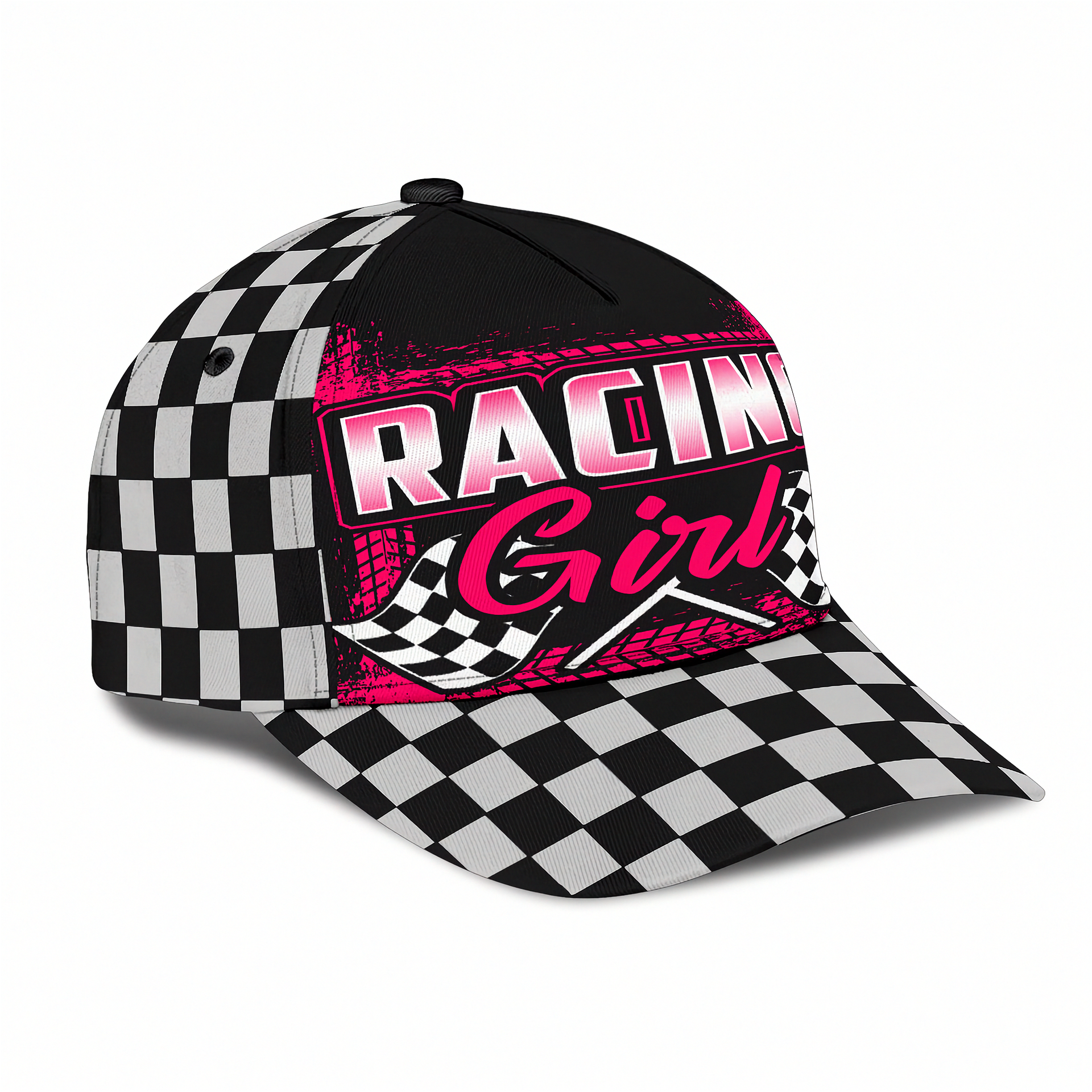 Checkered baseball cap with 'Racing Girl' text on a white background