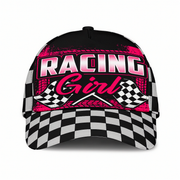 Black cap with pink 'Racing Girl' text and checkered pattern on a white background