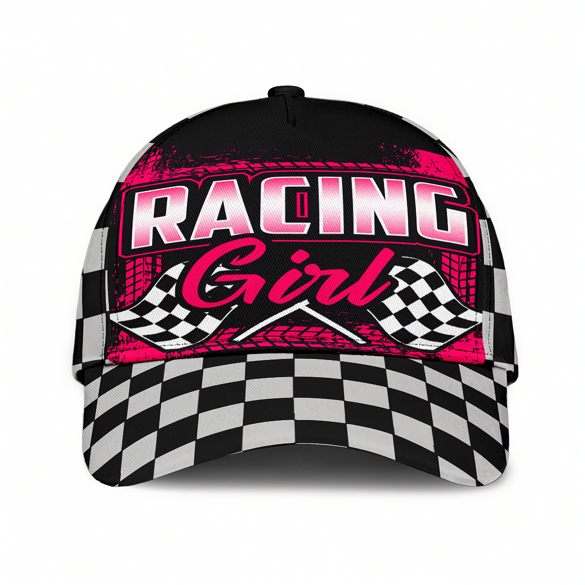 Black cap with pink 'Racing Girl' text and checkered pattern on a white background
