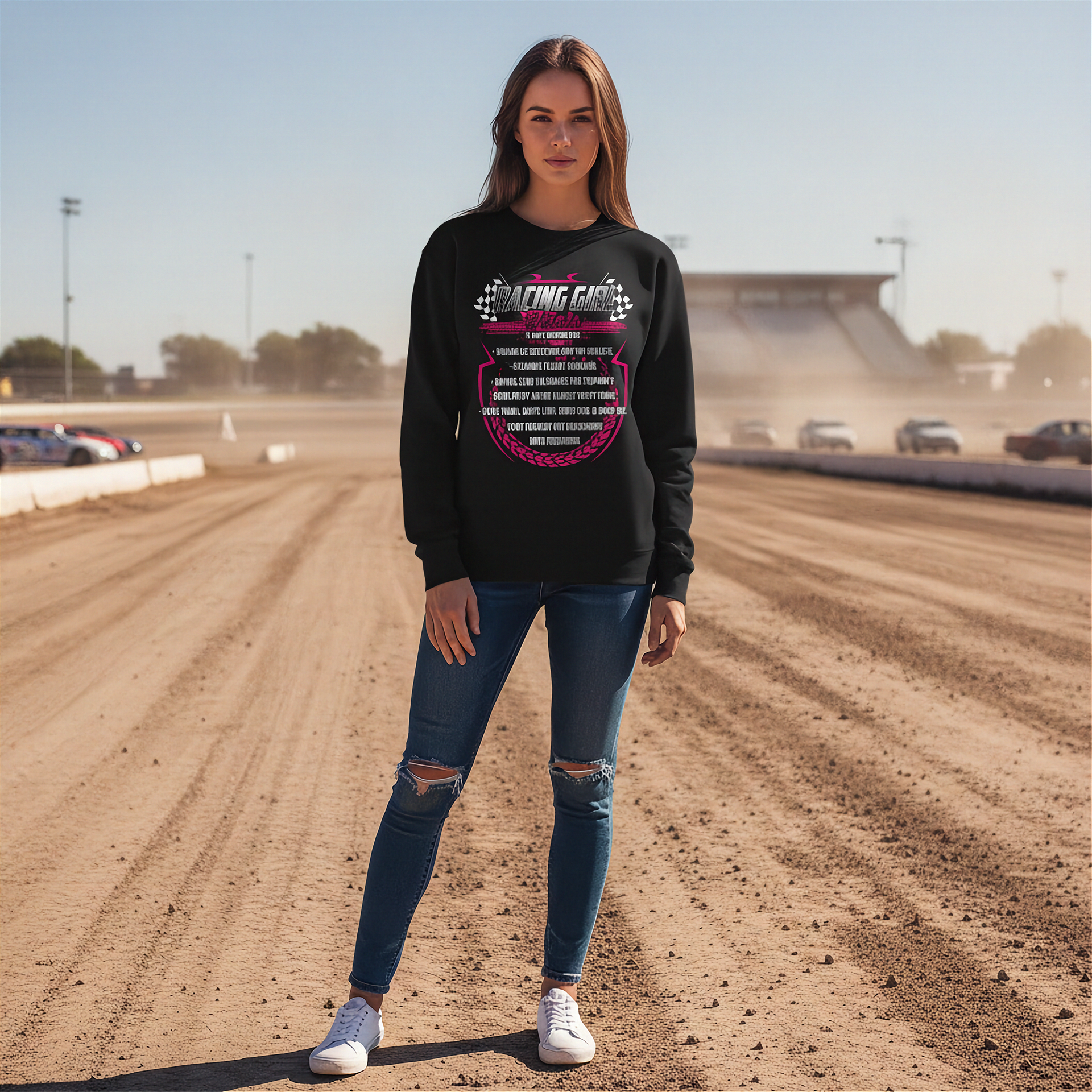 Woman wearing a black sweatshirt with racing graphics on a dirt track.