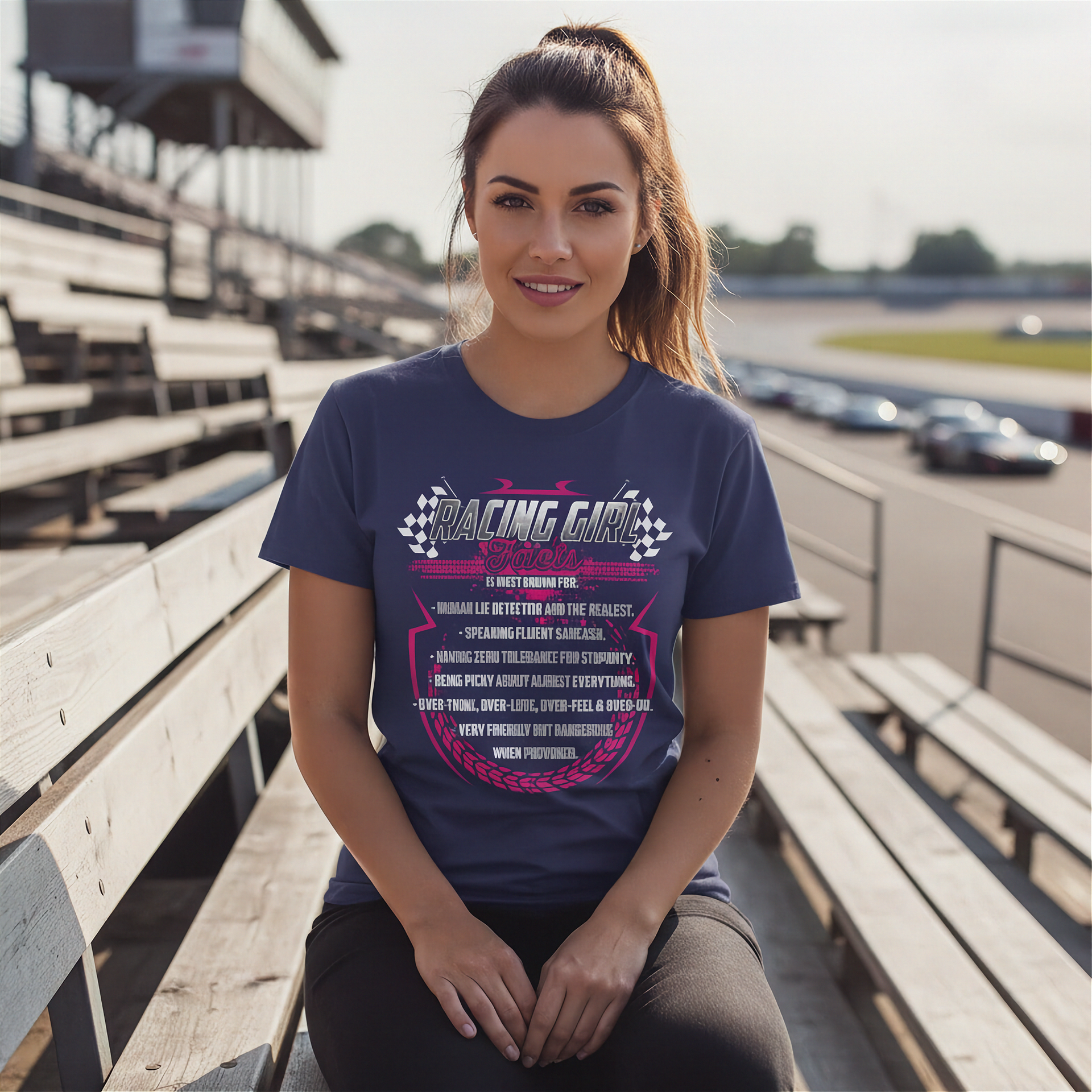 Woman wearing a 'Racing Girl' t-shirt sitting on bleachers at a race track.