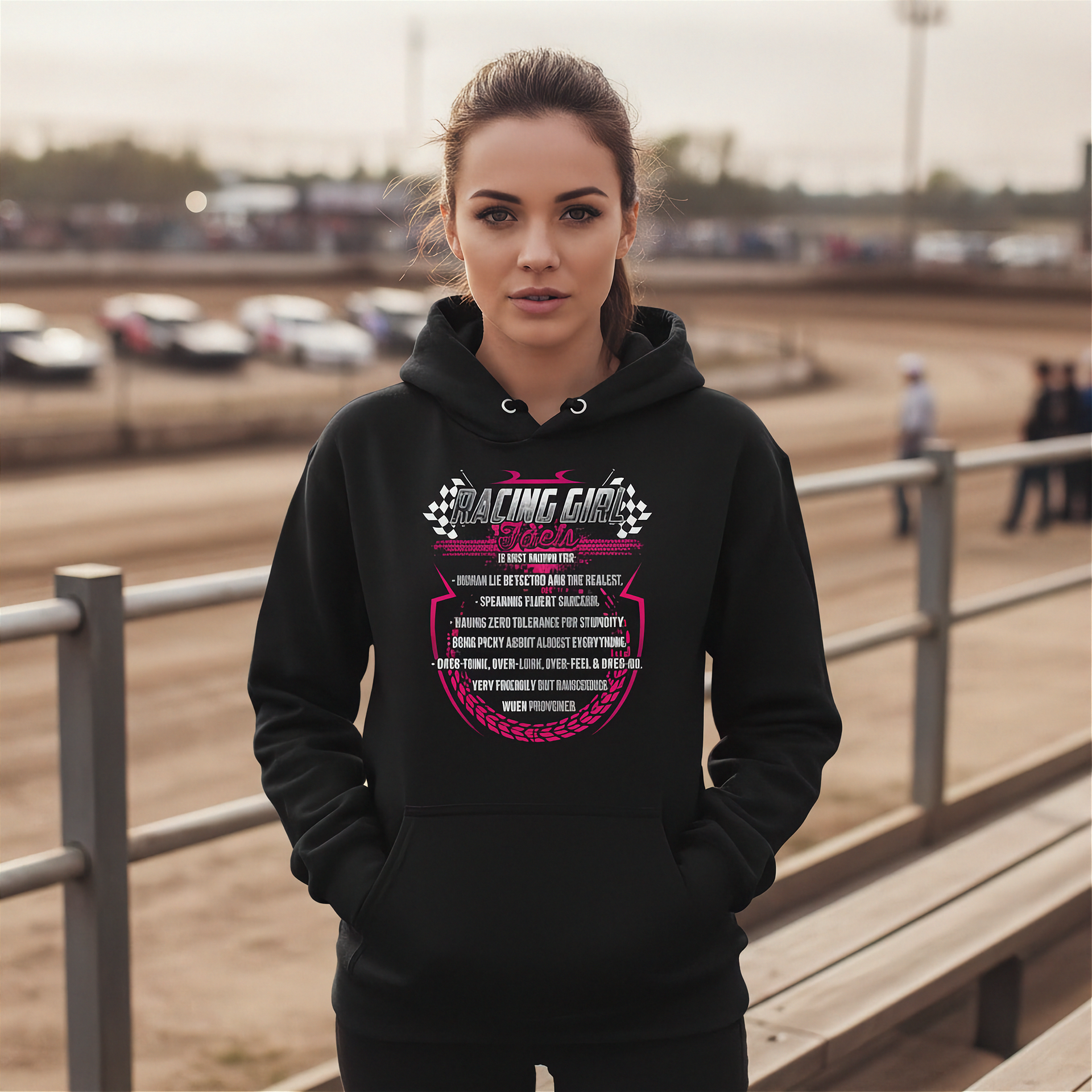 Woman wearing a black hoodie with a graphic design at a race track.