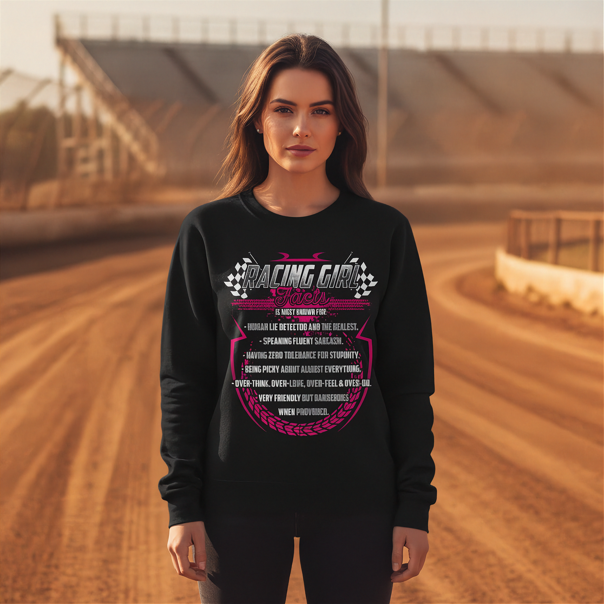 Woman wearing a black sweatshirt with 'Racing Girl' design on a race track.