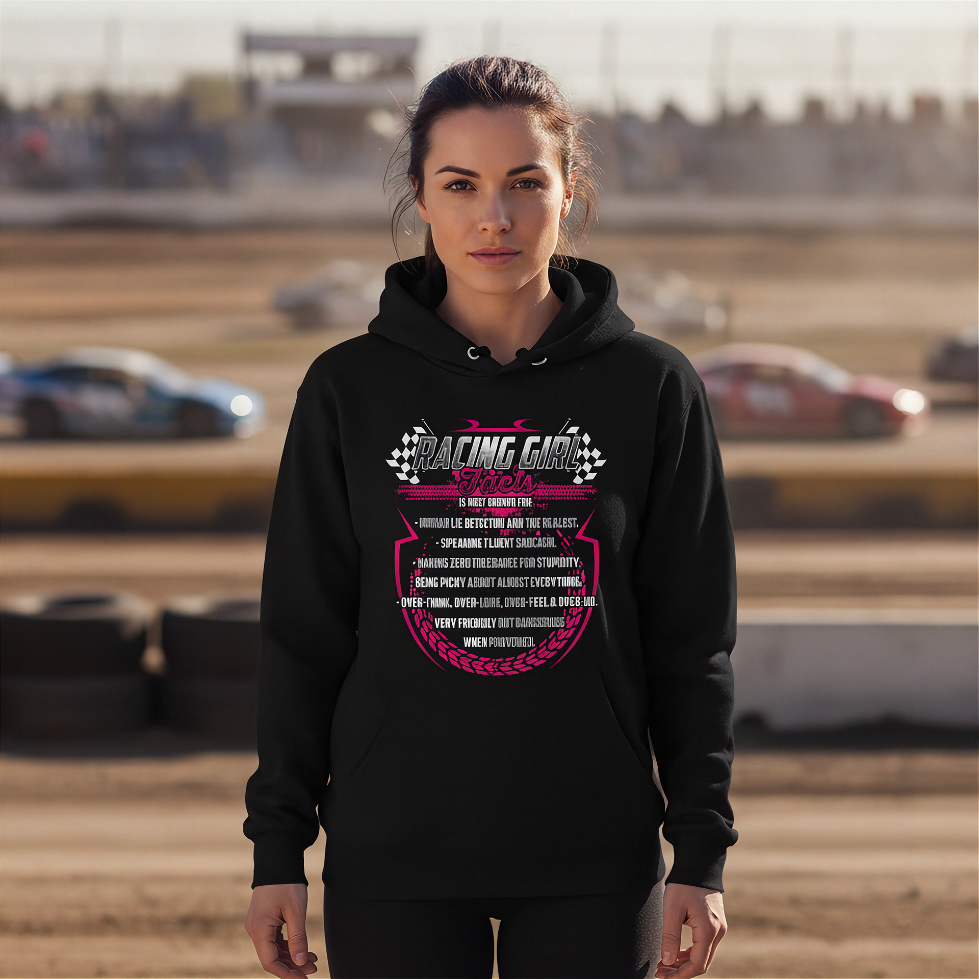 Woman wearing a black hoodie with racing graphics on a race track background