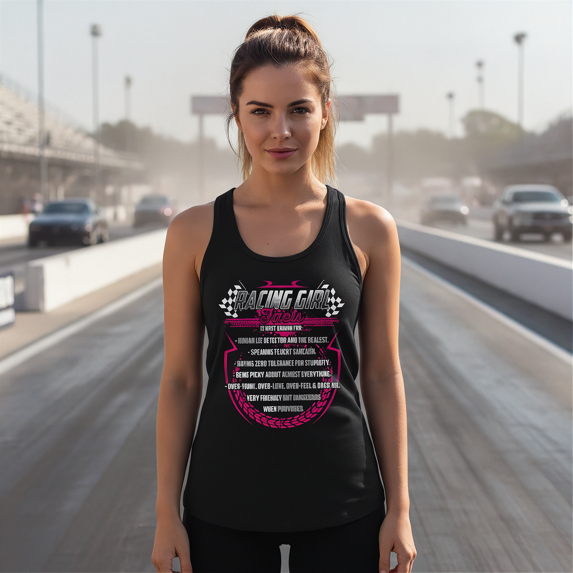 Woman wearing a black tank top with text on a road background