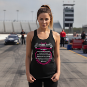 Woman wearing a black tank top with racing-themed design on a race track background