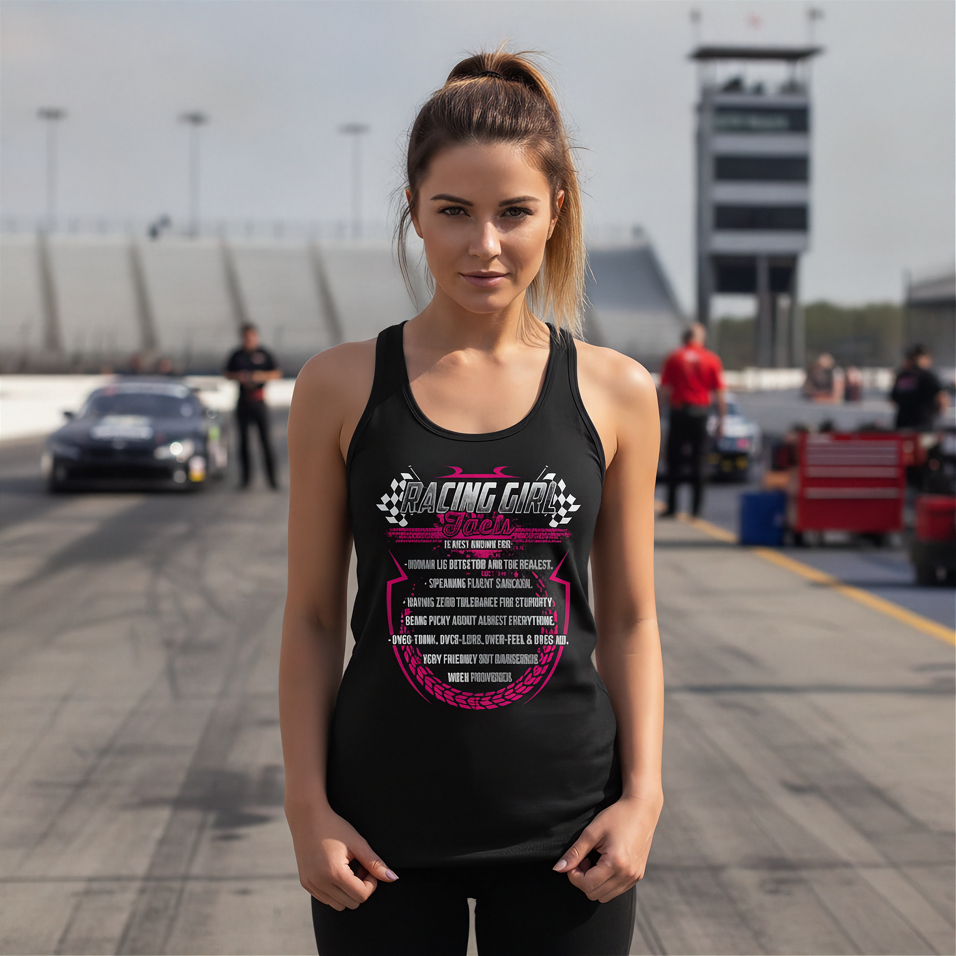 Woman wearing a black tank top with racing-themed design on a race track background