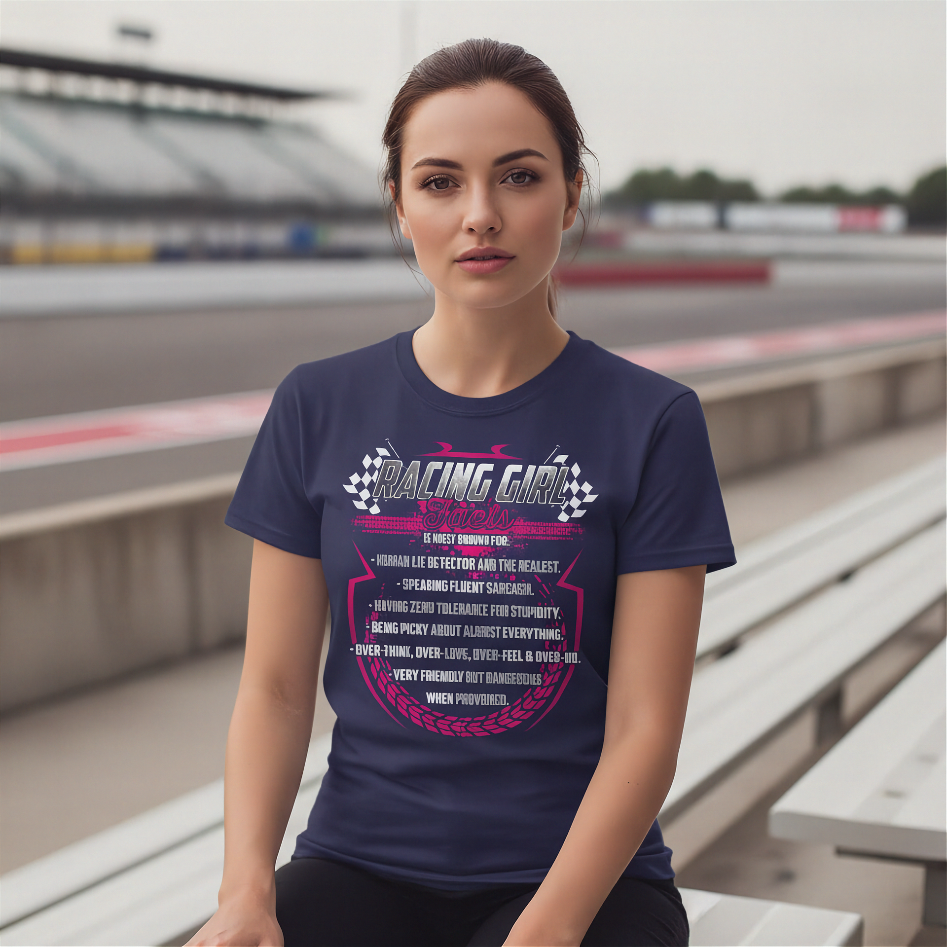 Woman wearing a navy blue t-shirt with 'Racing Girl' design on a race track background