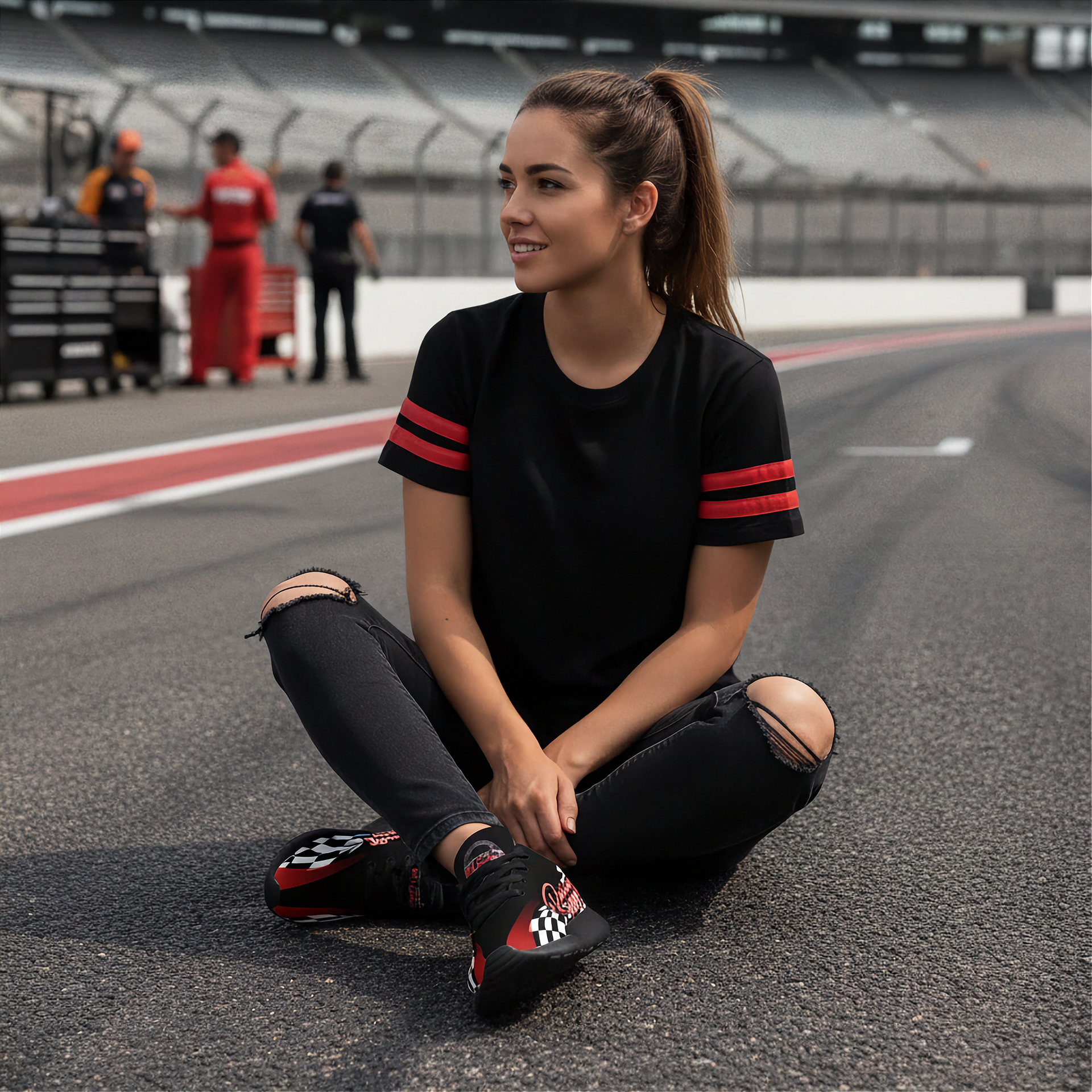 Woman sitting on a race track wearing black t-shirt with red stripes and black shoes with checkered design.
